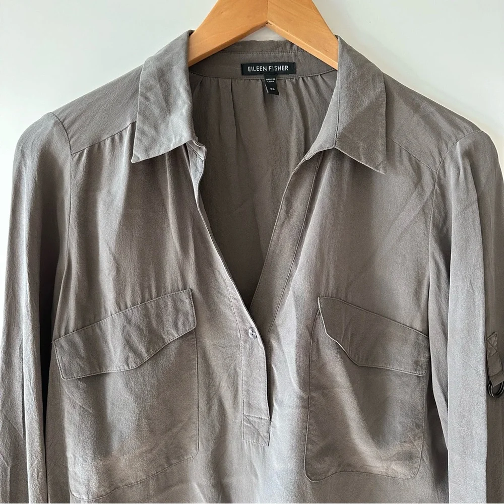 Eileen Fisher • Popover Roll Tab Silk Blouse - Picture 2 of 6